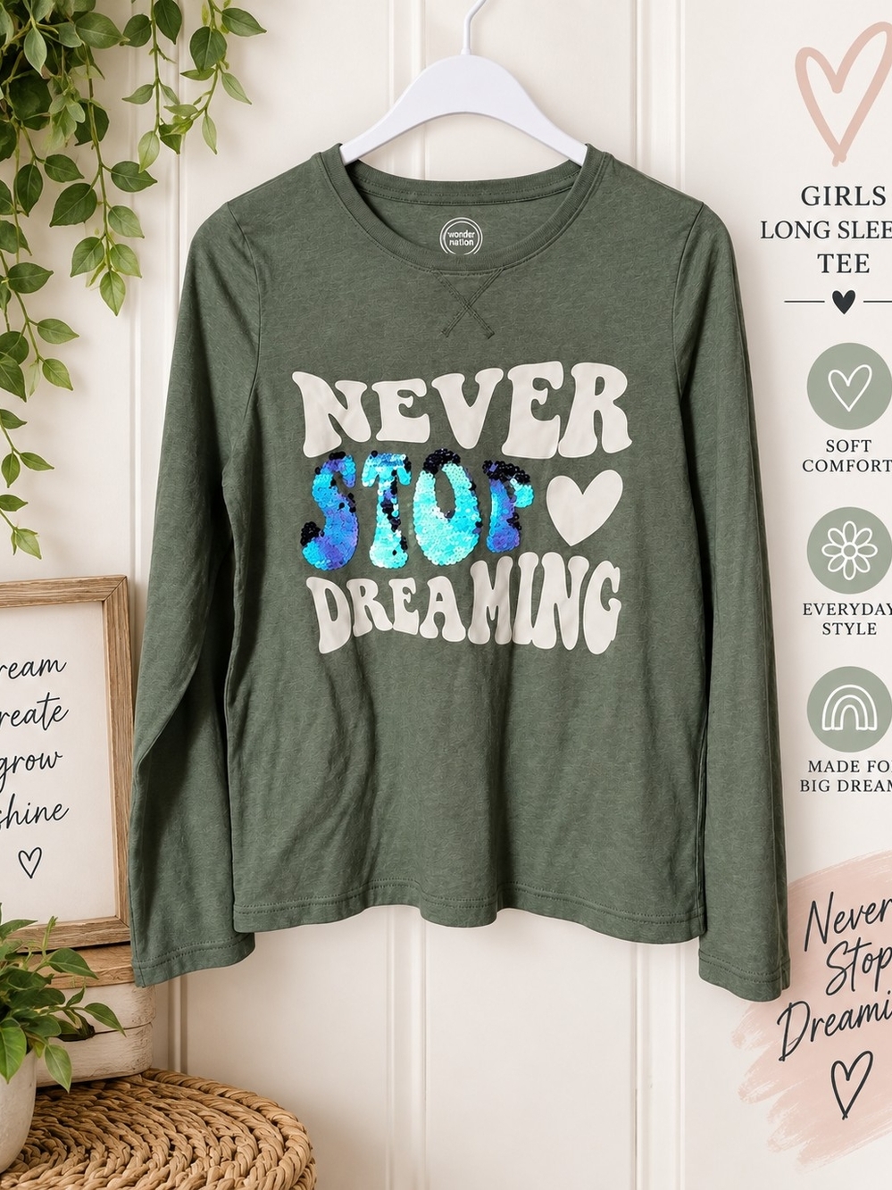 wonder nation Olive Green Long Sleeve Tee with Blue Sequin 'Never Stop' Graphic